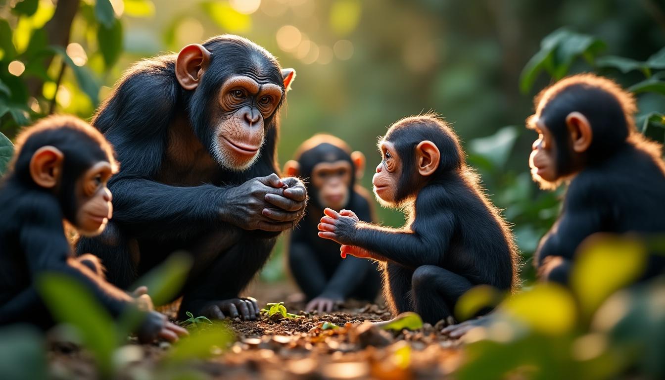 découvrez comment les mères jouent un rôle central dans l'apprentissage des compétences communicatives chez les jeunes chimpanzés et l'importance de cette transmission pour le développement social de l'espèce.