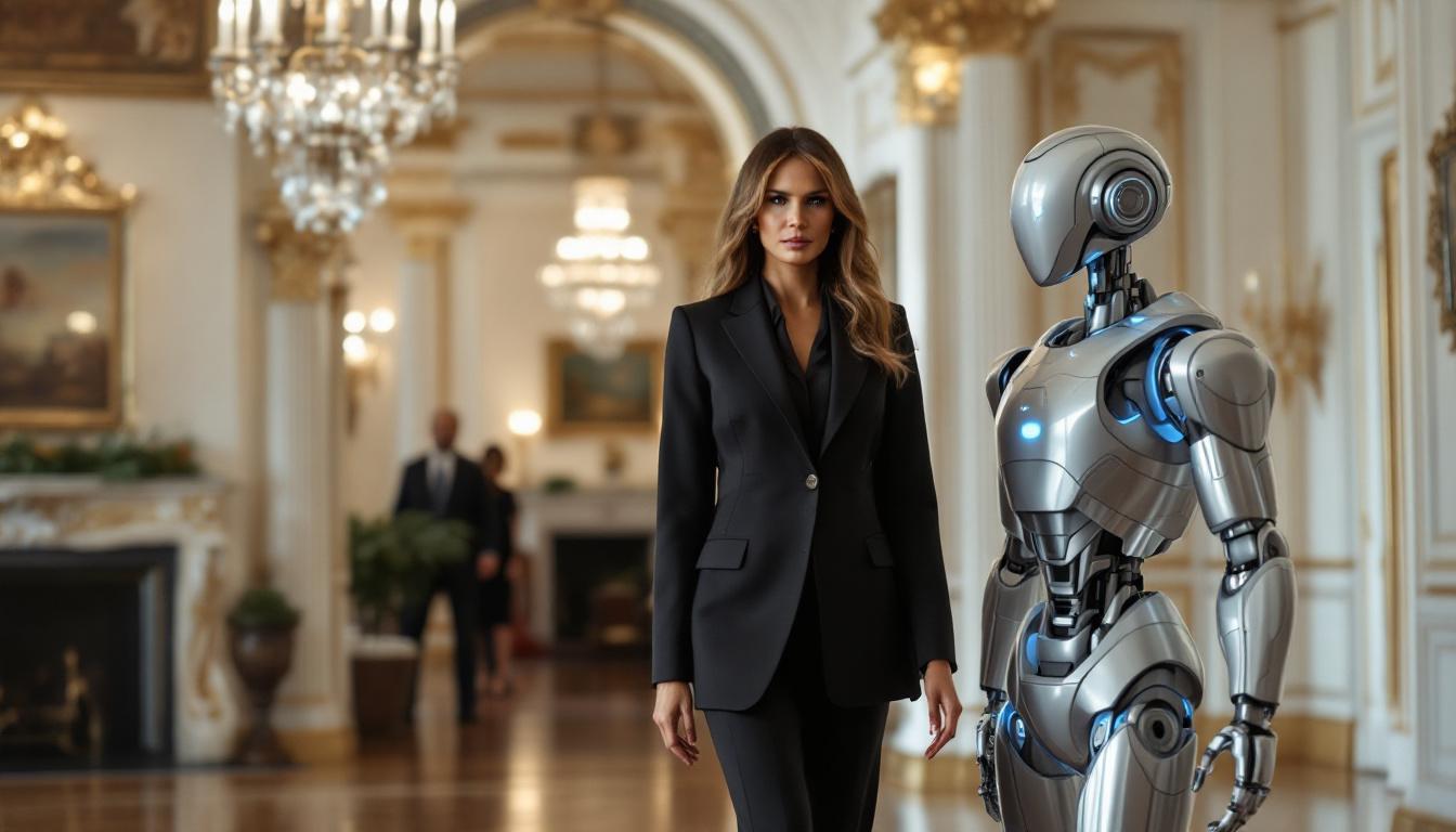 melania trump se promène avec un robot à la maison blanche, sous le regard attentif de brigitte macron, lors d'une visite remarquée.